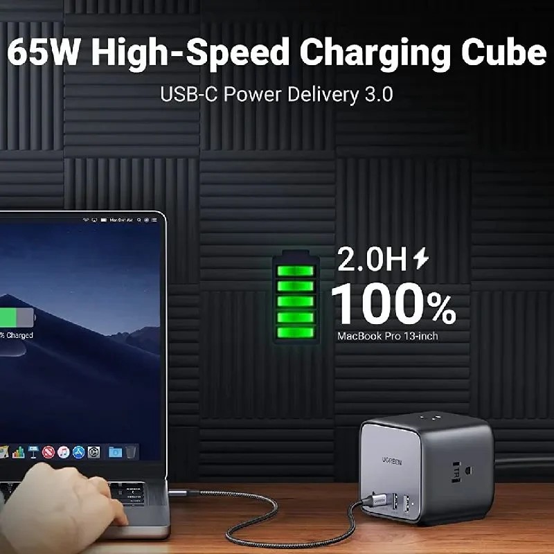 Cục sạc nhanh 65W GaN 3 DigiNest Cube 2xUSB C, 2xUSB A, 3xAC Ugreen 40861 CD268 - thương hiệu đến từ HongKong hàng chính hãng UGREEN có bảo hành !!!