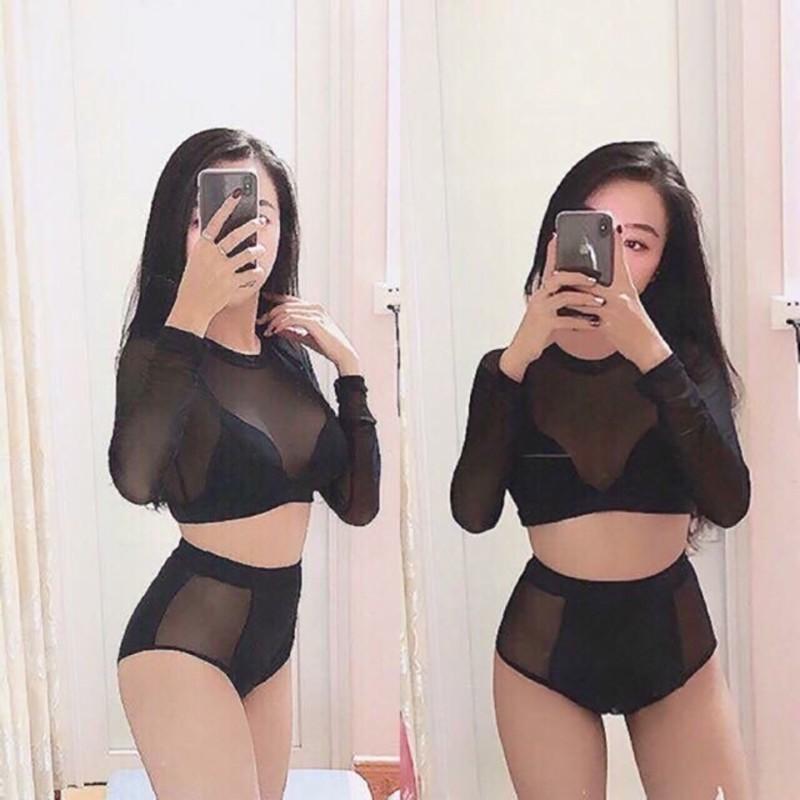 Bikini 2 mảnh dài tay lưới ren kín đáo che khuyết điểm quyến rũ vải bơi dày dặn co giãn tốt QP017