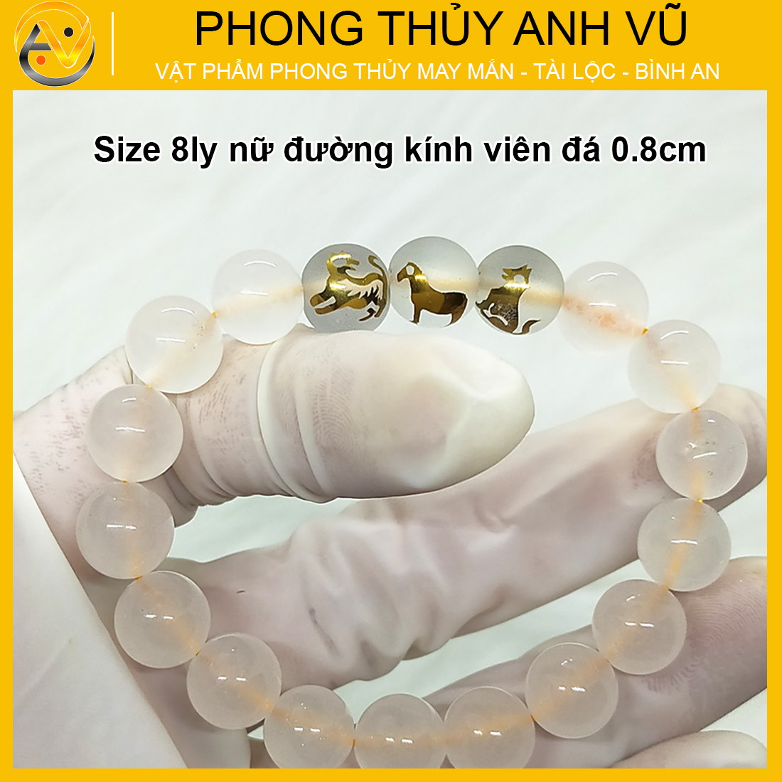 Vòng tay phong thủy đá mã não trắng tự nhiên - tam hợp dần ngọ tuất - size 8 10ly cho nữ mệnh thủy, mệnh kim - có khai quang điểm nhãn may mắn tài lộc - PHONG THỦY ANH VŨ
