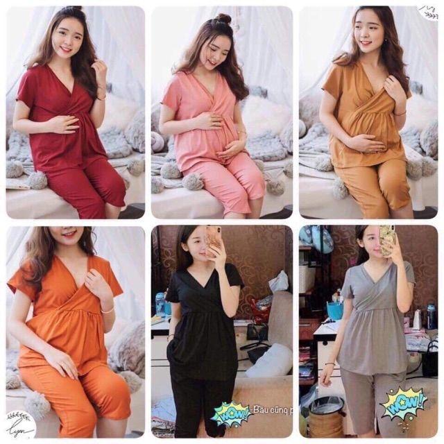 Bộ bầu sau sinh lửng thun cộc tay cotton hàng đẹp, đồ bầu mặc nhà có vạt chéo cho bé ti A006