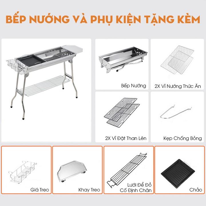 Bếp nướng BBQ ngoài trời dã ngoại nướng than hoa inox có thể gấp gọn chân cao xếp kèm phụ kiện - Hàng chính hãng