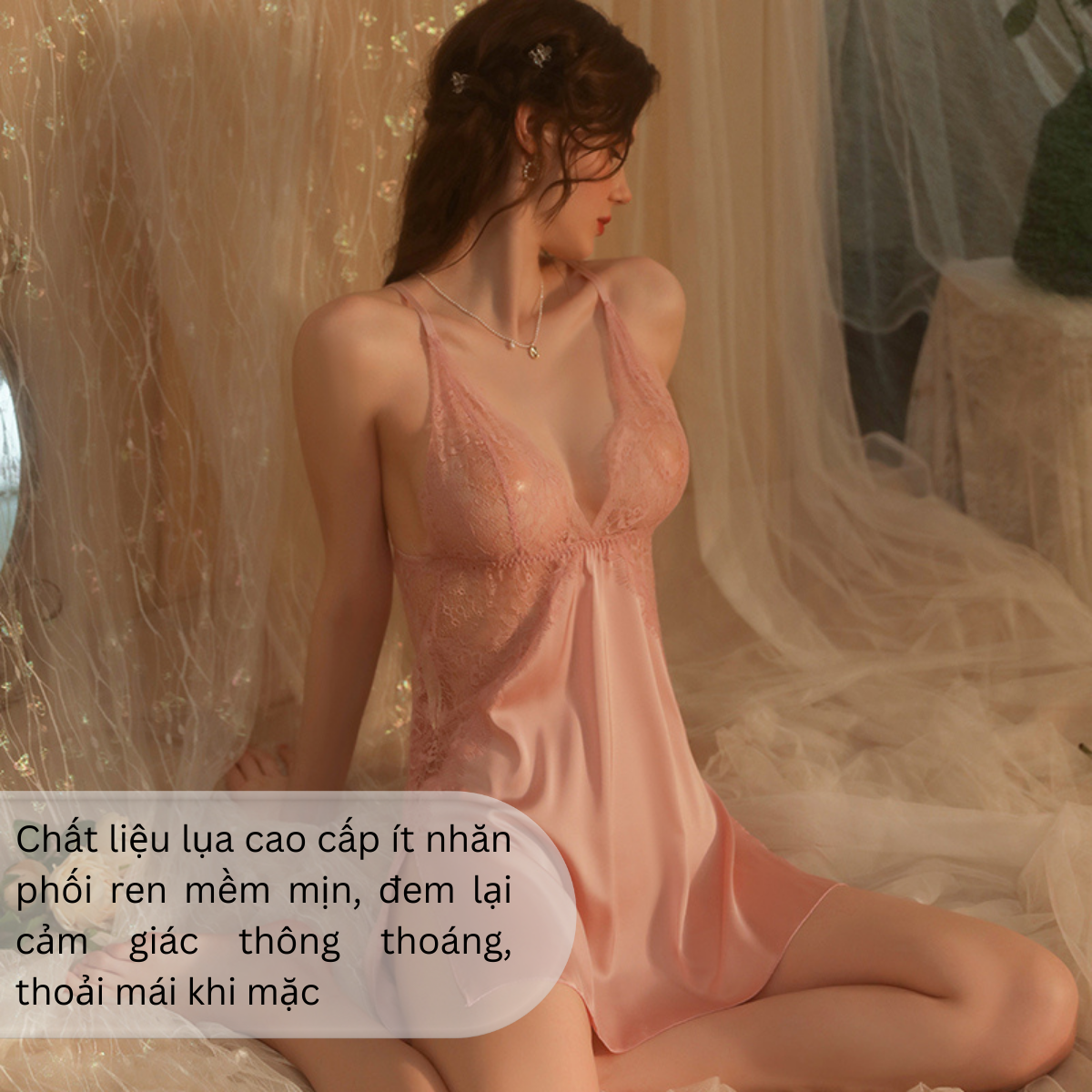 Váy ngủ lụa phối ren Vicke Secvia đầm 2 dây xẻ ngực - hở lưng - chất liệu cao cấp - mềm mịn - sexy - quyến rũ 19390
