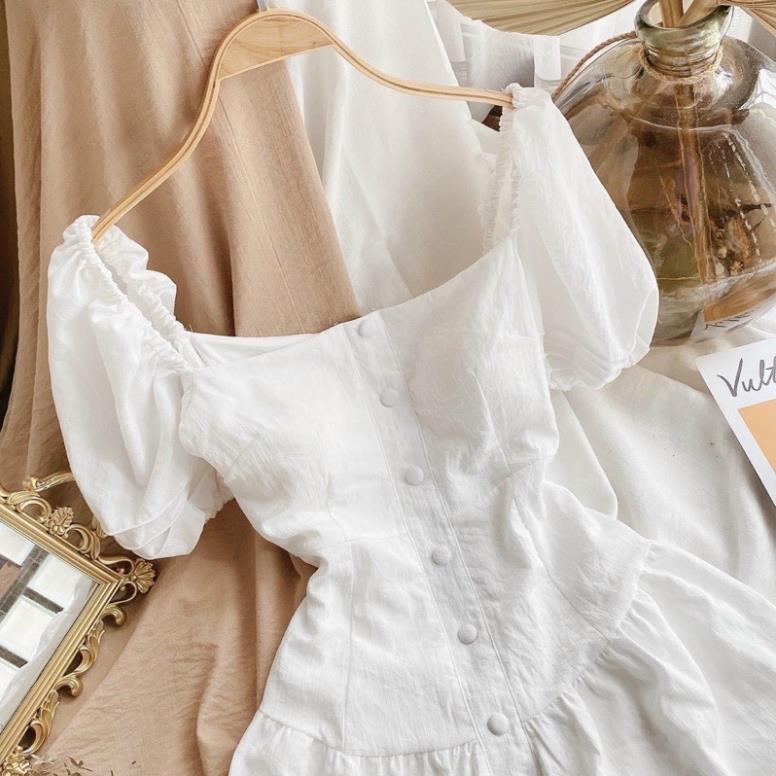 X2 Đầm maxi trắng tầng cổ vuông nút bọc dáng xòe đi biển dự tiệc bánh bèo dịu dàng