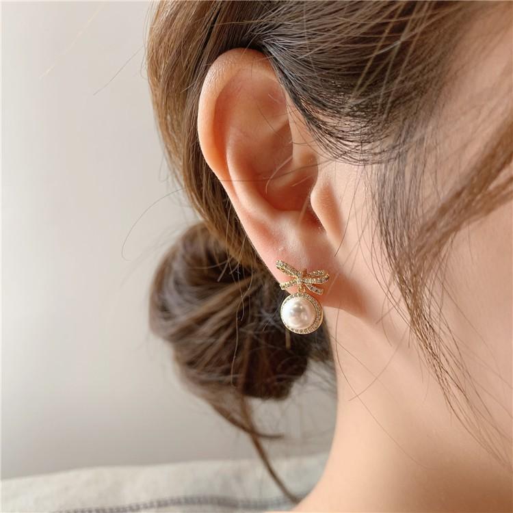 Khuyên Tai Nữ Họa Tiết Nơ Tròn Đính Đá, Phong Cách Hàn Quốc, BT07