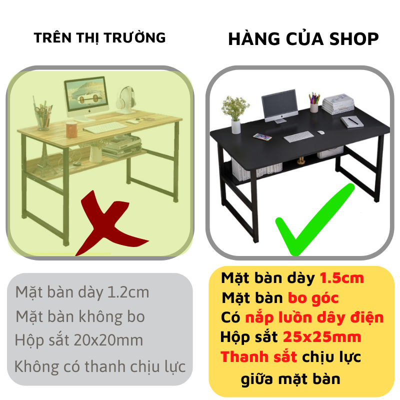 Bàn làm việc kệ lửng mặt dày 1.5cm bo góc an toàn nhiều kích thước, bàn học để máy tính hộp sắt 25x25mm chắc chắn dày dặn