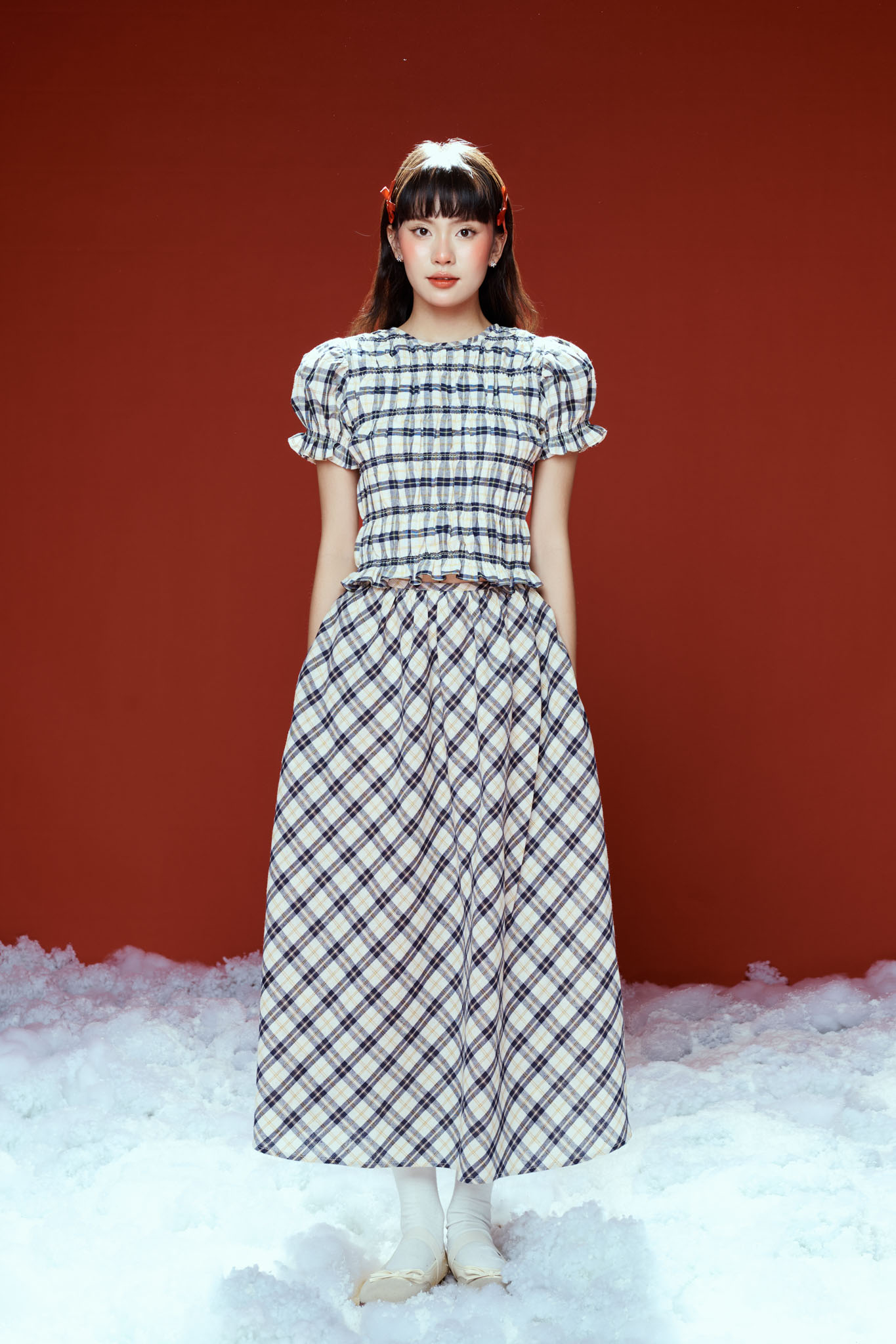 DOTTIE - Chân váy midi kẻ ô - Xanh đen - S0253