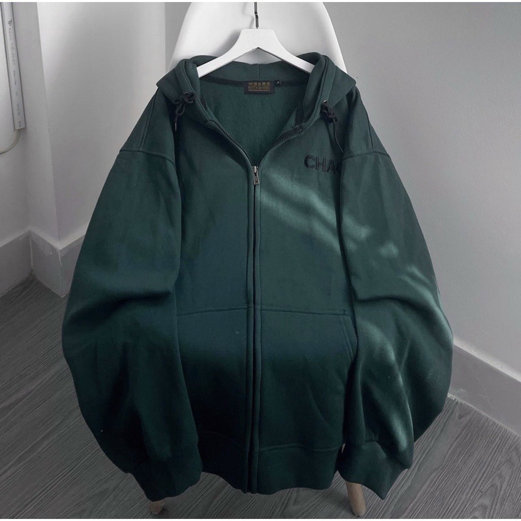 Áo khoác hoodie zip XANH RÊU form rộng nam nữ vải nỉ lót bông thêu chữ CHAOS, áo khoác chống nắng nỉ ngoại thời trang unisex ulzzang hàn quốc