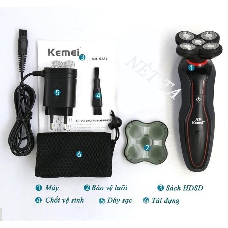 Máy cạo râu Kemei KM-6181 chống thấm nước IPX4 lưỡi nổi 5D có thể cạo khô và ướt cạo sát có màn hình LRD hiển thị thông minh, đầu tỉa phụ dùng cạo tải tóc mai, ria mép tiện lợi