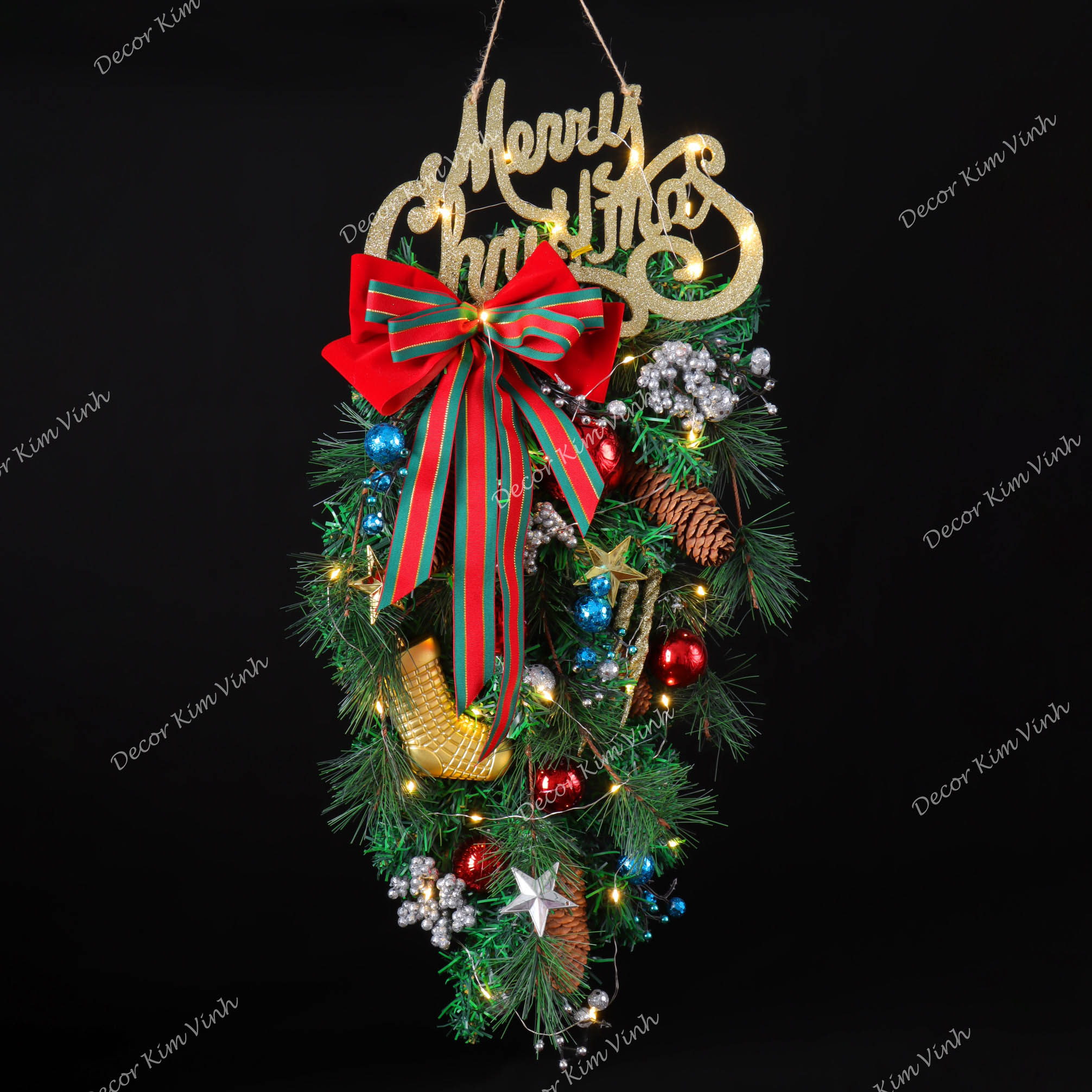 Dây Treo Chùm Thông CT08 Chùm Thông Merry Nơ Sọc Đỏ Trang Trí Noel Kèm đèn