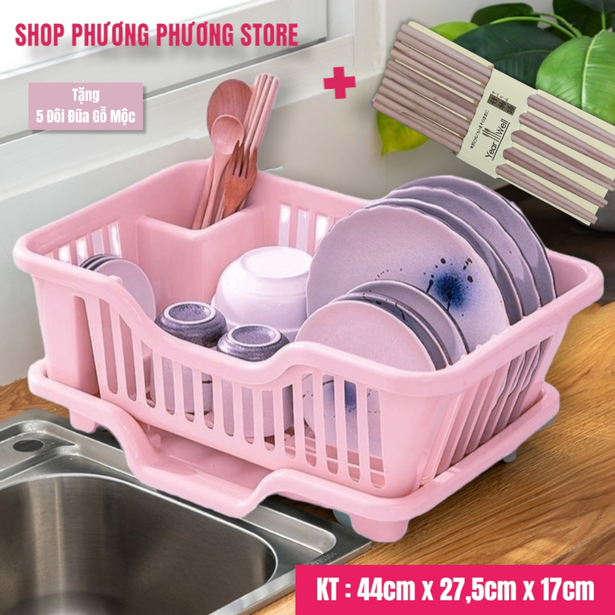 Khay Đựng Chén Bát, Đĩa, Thìa, Đũa Có Khay Thoát Nước ( Tặng Sét 5 Đôi Đũa Gỗ Mộc }