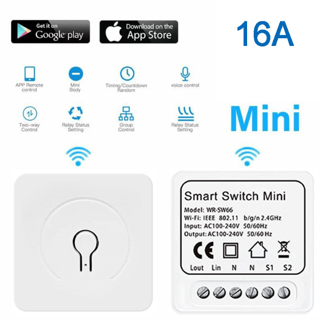 Công tắc thông minh tuya 16A Mini DIY điều khiển từ xa qua điện thoại app