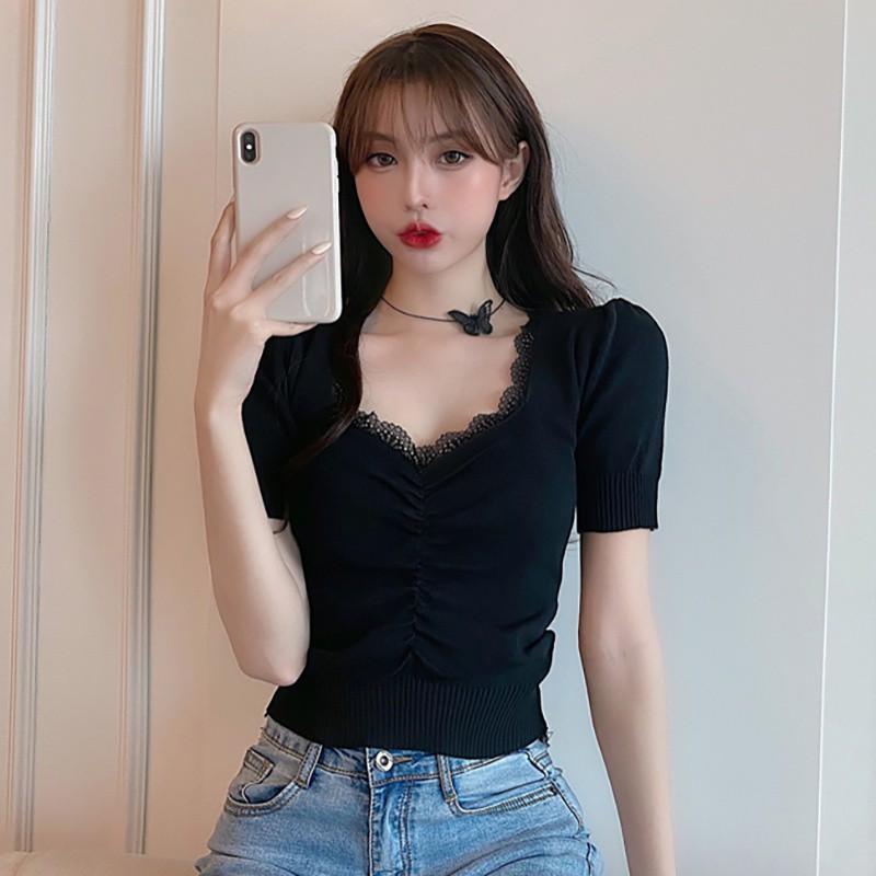 Áo Thun Dệt Kim Tay Phồng Phối Ren Xinh Xắn Cho Nữ