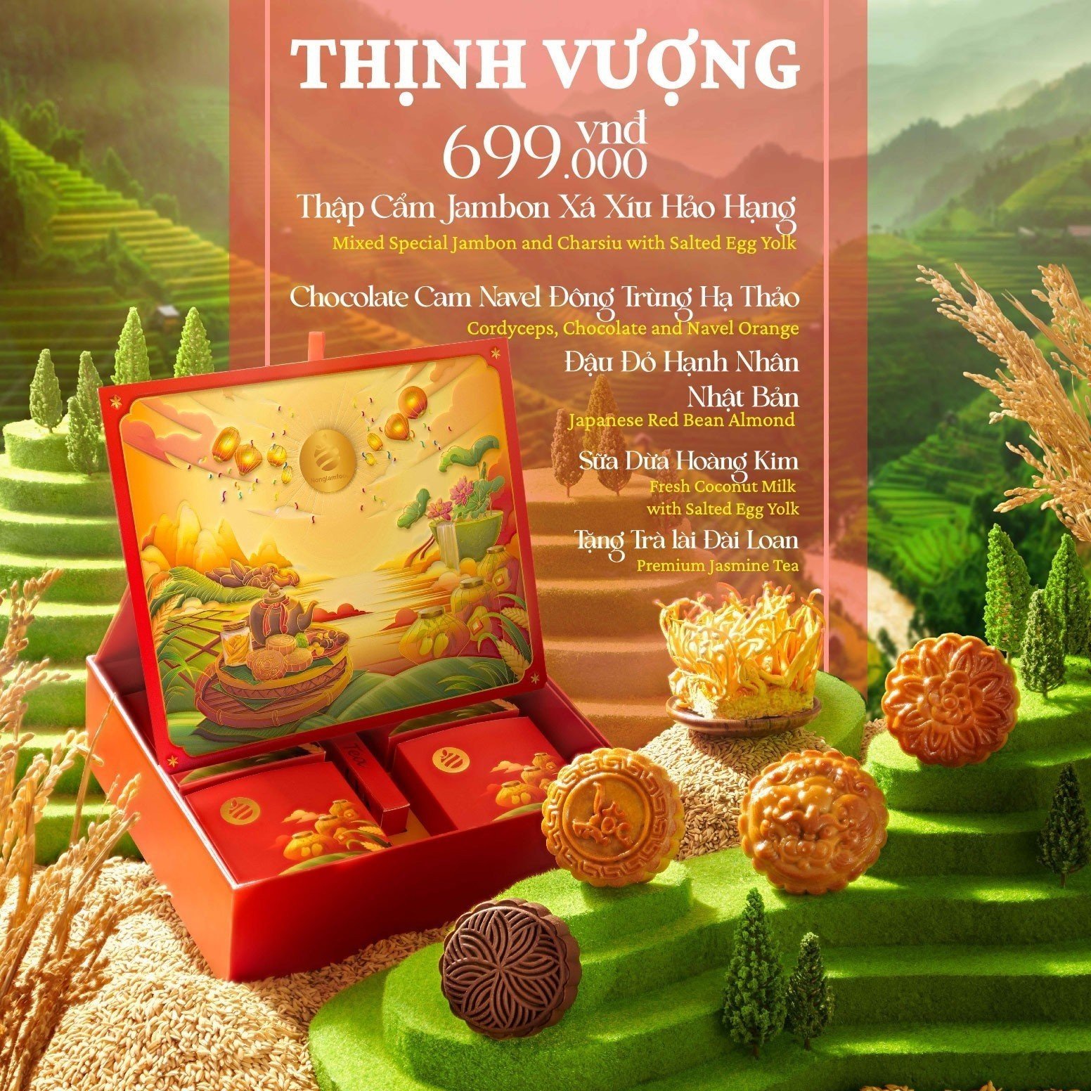 [Tặng set 2 bánh] Set Bánh Trung Thu Thịnh Vượng Nonglamfood | Hộp 4 bánh 1 trà lài