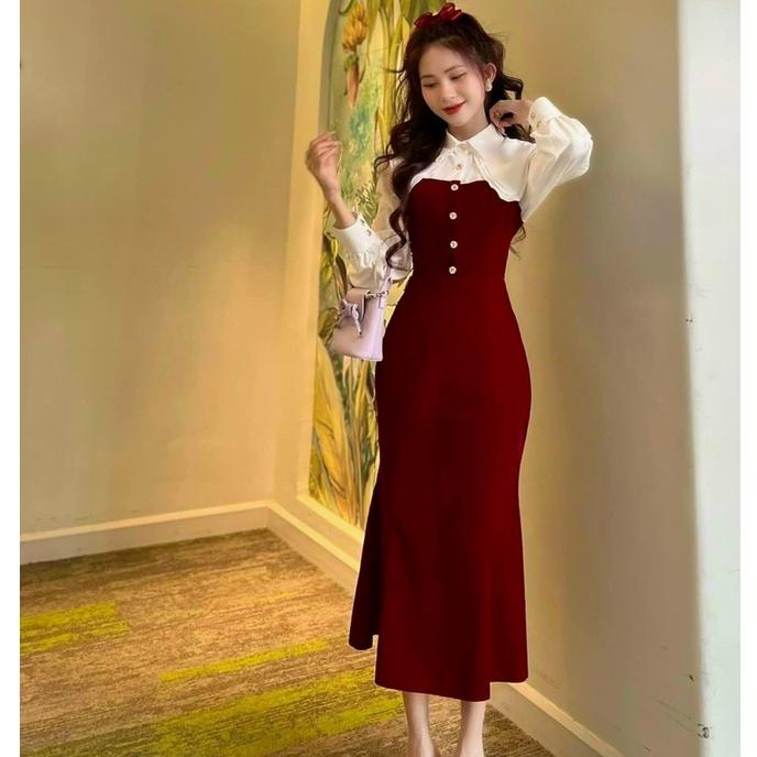 FRESHIP Đầm body màu đỏ phối trắng tay dài cổ sơ mi đính nút kiểu đầm dự tiệc KIMGIA DS