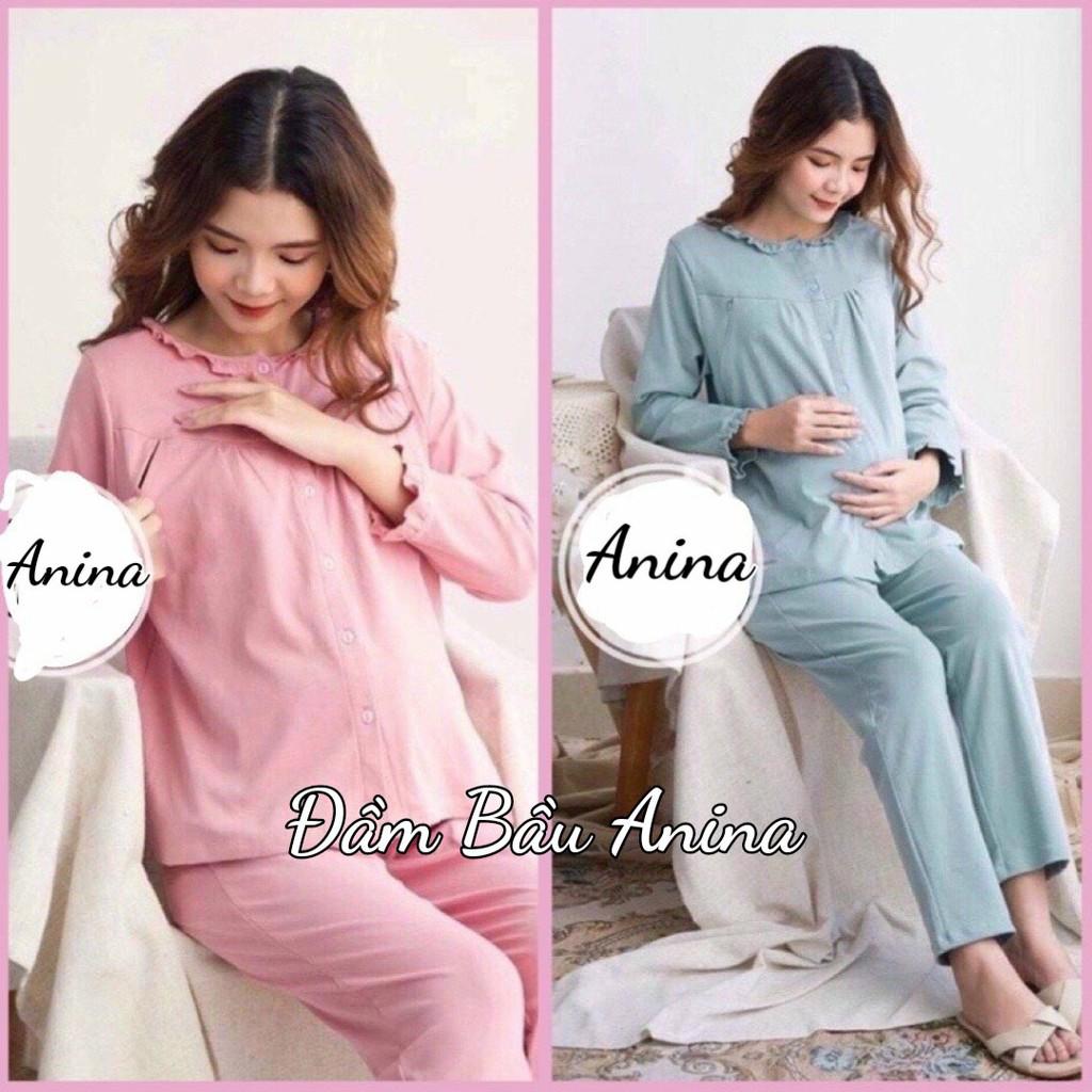 Bộ đồ bầu dài tay chất cotton_ Bộ đồ mặc nhà cổ bèo sang chảnh BD919