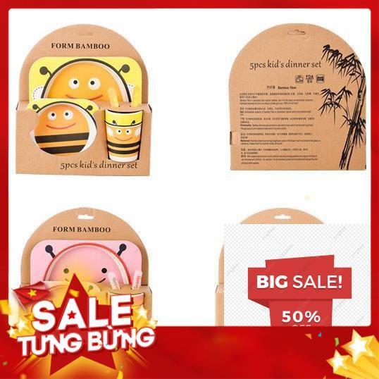 Bộ bát chén khay muỗng ăn dặm cho bé kiểu nhật 5 món đồ kèm thìa dĩa hình thú - bằng sợi tre an toàn FDA/EU