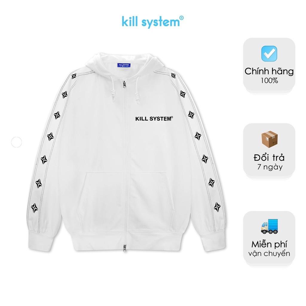 Áo khoác hoodie zip Kill System line oversize có nón nam nữ, vải chân cua, 2 màu đen trắng unisex