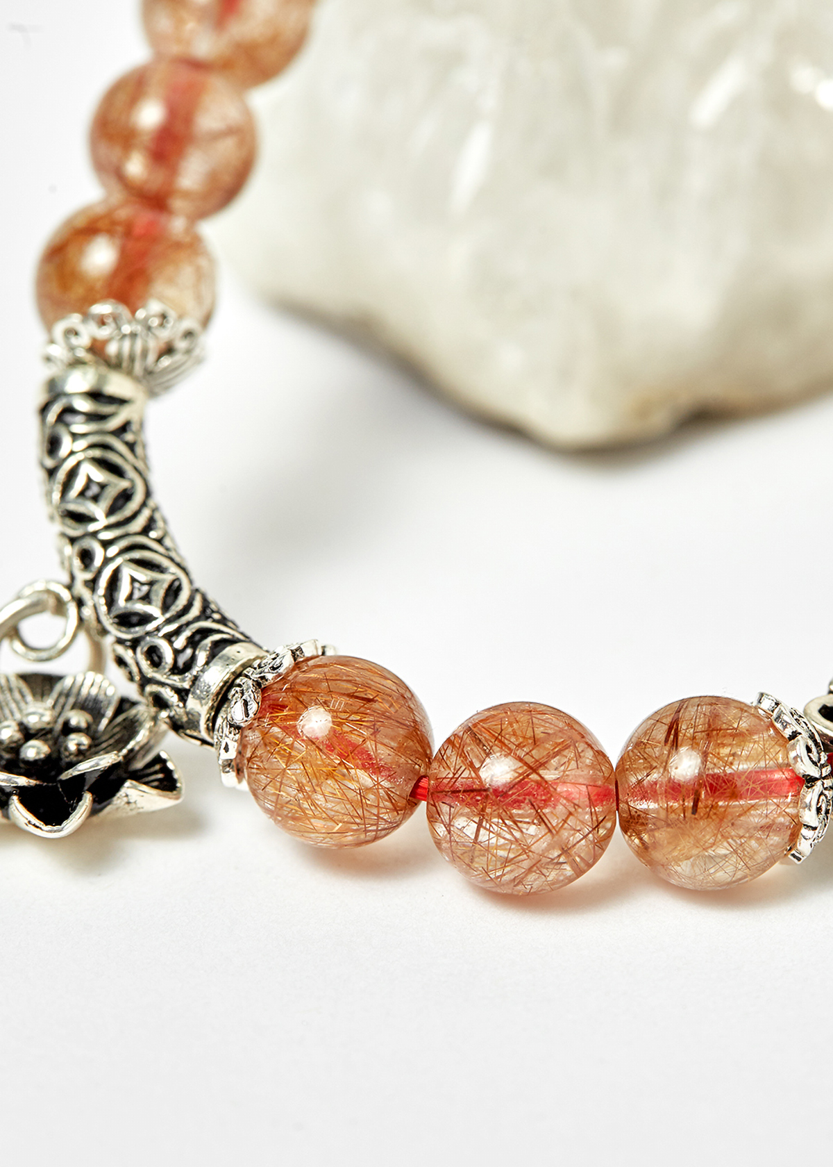 Vòng thạch anh tóc đỏ phối charm bạc hạt 8mm mệnh hỏa, thổ - Ngọc Quý Gemstones