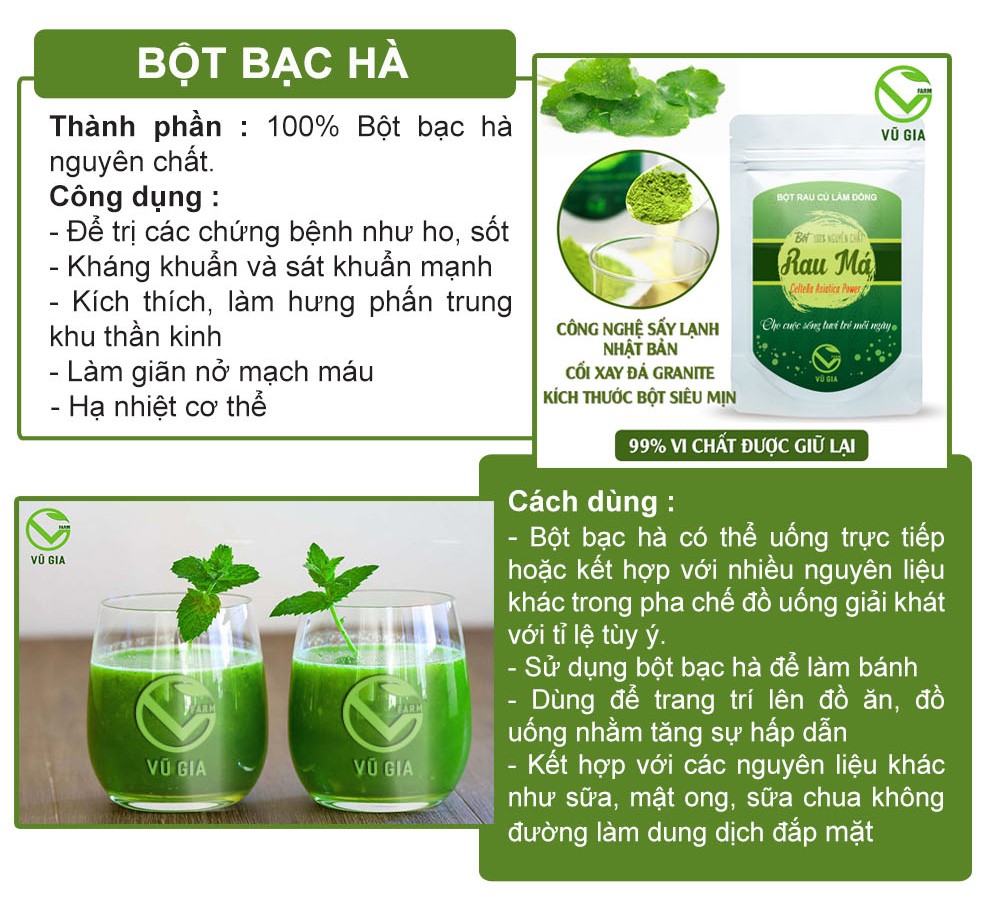 Bột Bạc Hà Sấy Lạnh Nguyên Chất Vũ Gia (50g/ túi) - Hỗ trợ mụn ở mặt và cả lưng, giảm sưng do mụn, trắng da, tẩy tế bào chết, giảm nhờn, se khít lỗ chân lông