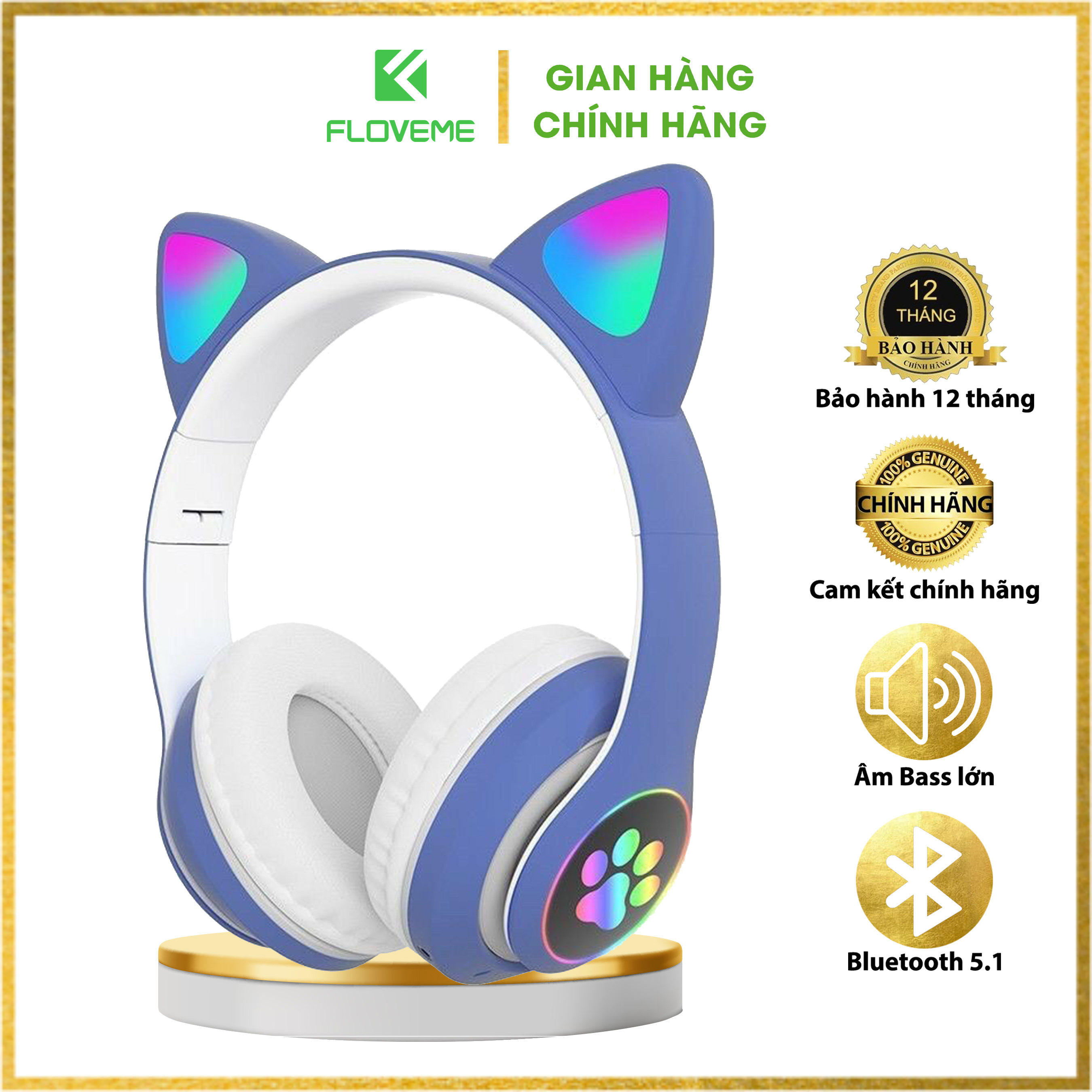 Tai nghe mèo FLOVEME VZV 23M – Có đèn led – Kết nối bluetooth 5.0 - headphone có micro – hỗ trợ điều chỉnh âm lượng – Có cổng AUX - Hàng chính hãng