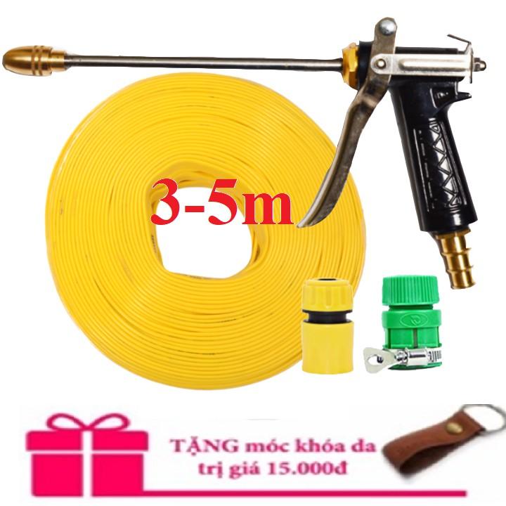 Bộ dây vòi xịt nước rửa xe, tưới cây . tăng áp 3 lần,loại 3m,5m 206318 đầu đồng,cút,nối nhựa vàng+ tặng móc khoá