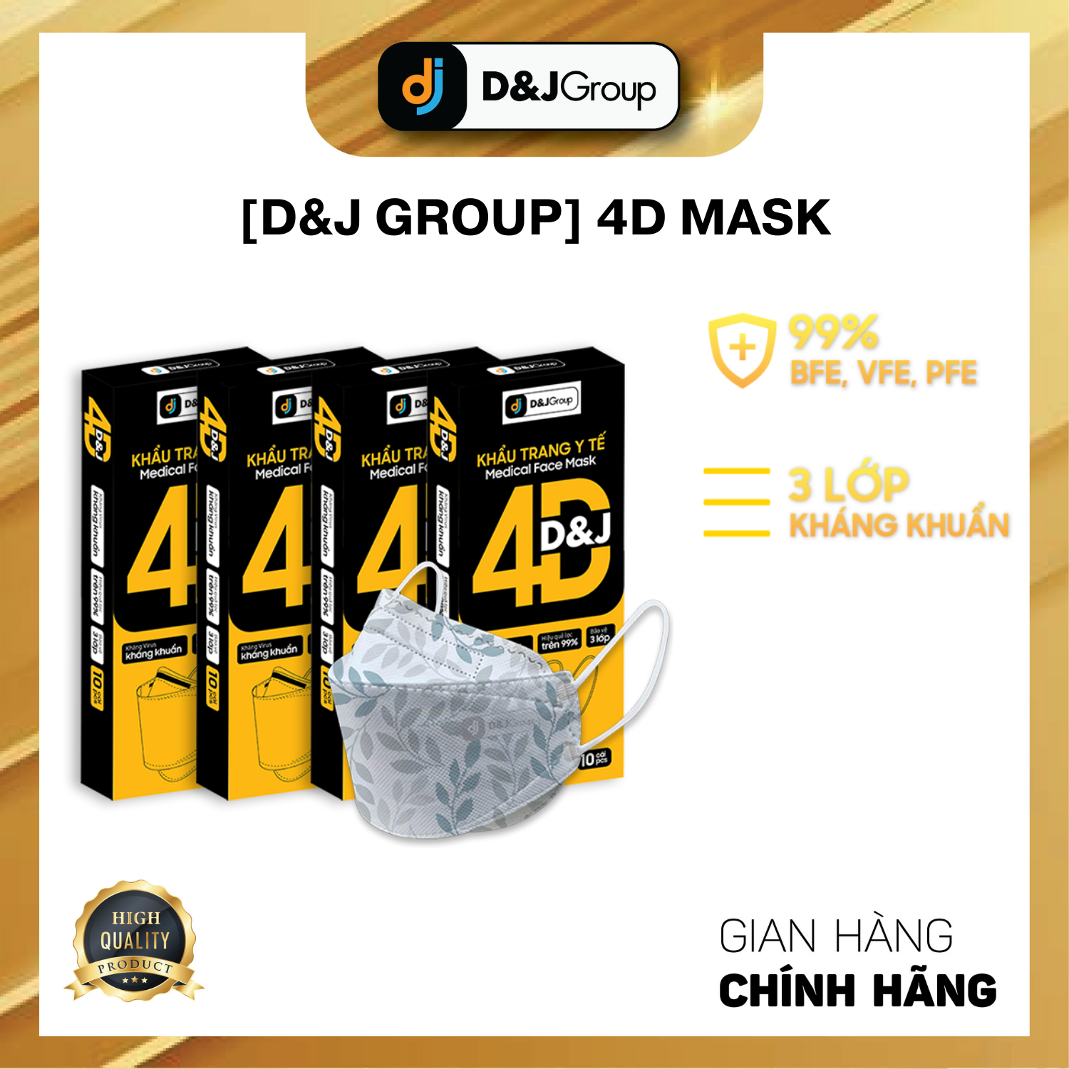 [COMBO 4 HỘP - 4D D&amp;J] - Khẩu trang y tế 4D đạt chuẩn KF94, kháng khuẩn cao cấp (10 cái/ hộp