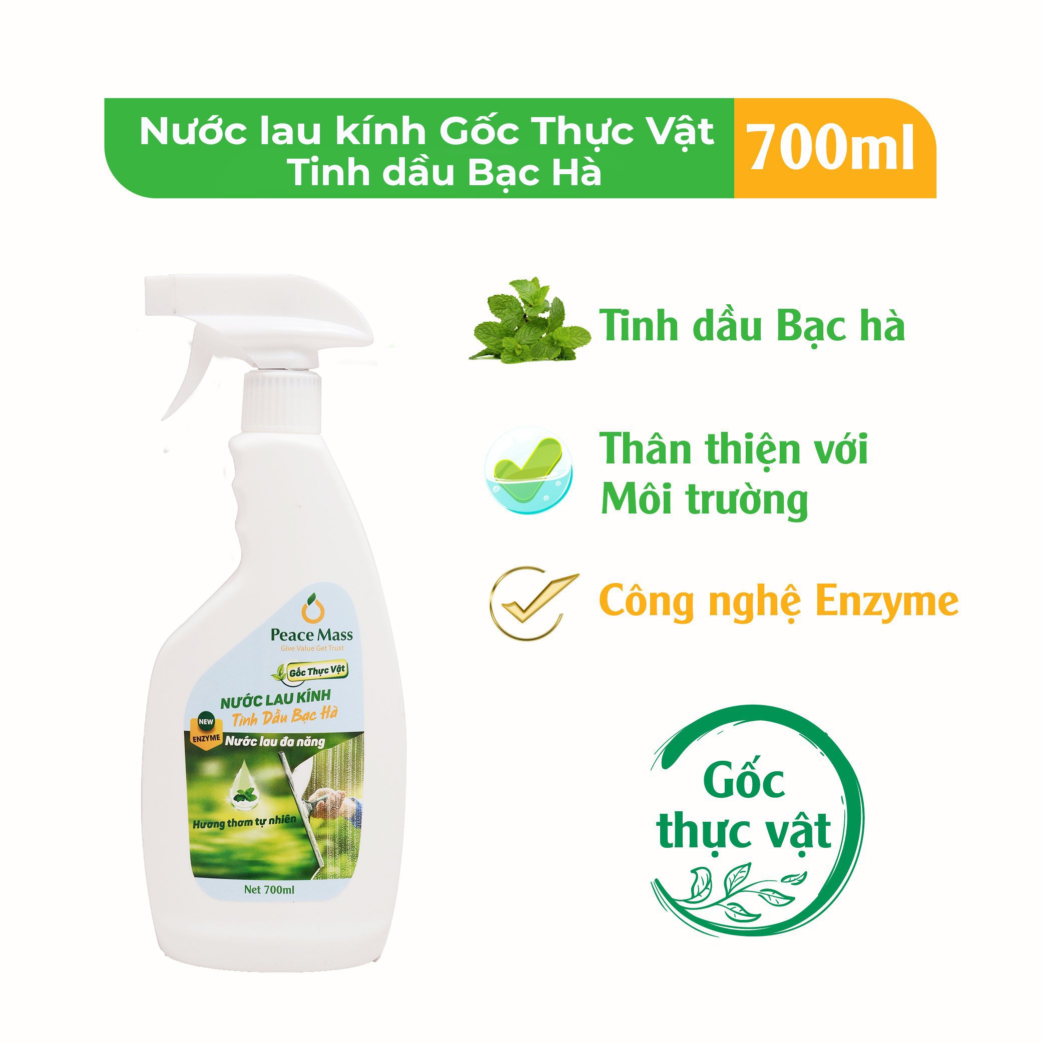 Nước Lau Kính Kết Hợp Lau Bếp Gốc Thực Vật - Tinh dầu Bạc hà Peace Mass Làm Sạch Hoàn Hảo Vết Mỡ Ở Bếp Nấu... Chai Xịt 700ml