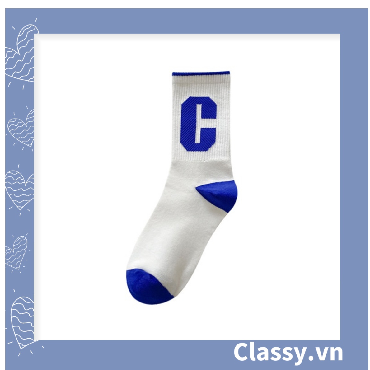Tất cổ cao Classy,  vớ cổ cao màu xanh họa tiết vui nhộn, chất cotton siêu êm G1346