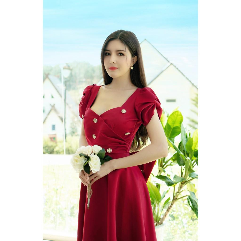 Đầm maxi dạ hội đỏ đính nơ gắn hoa