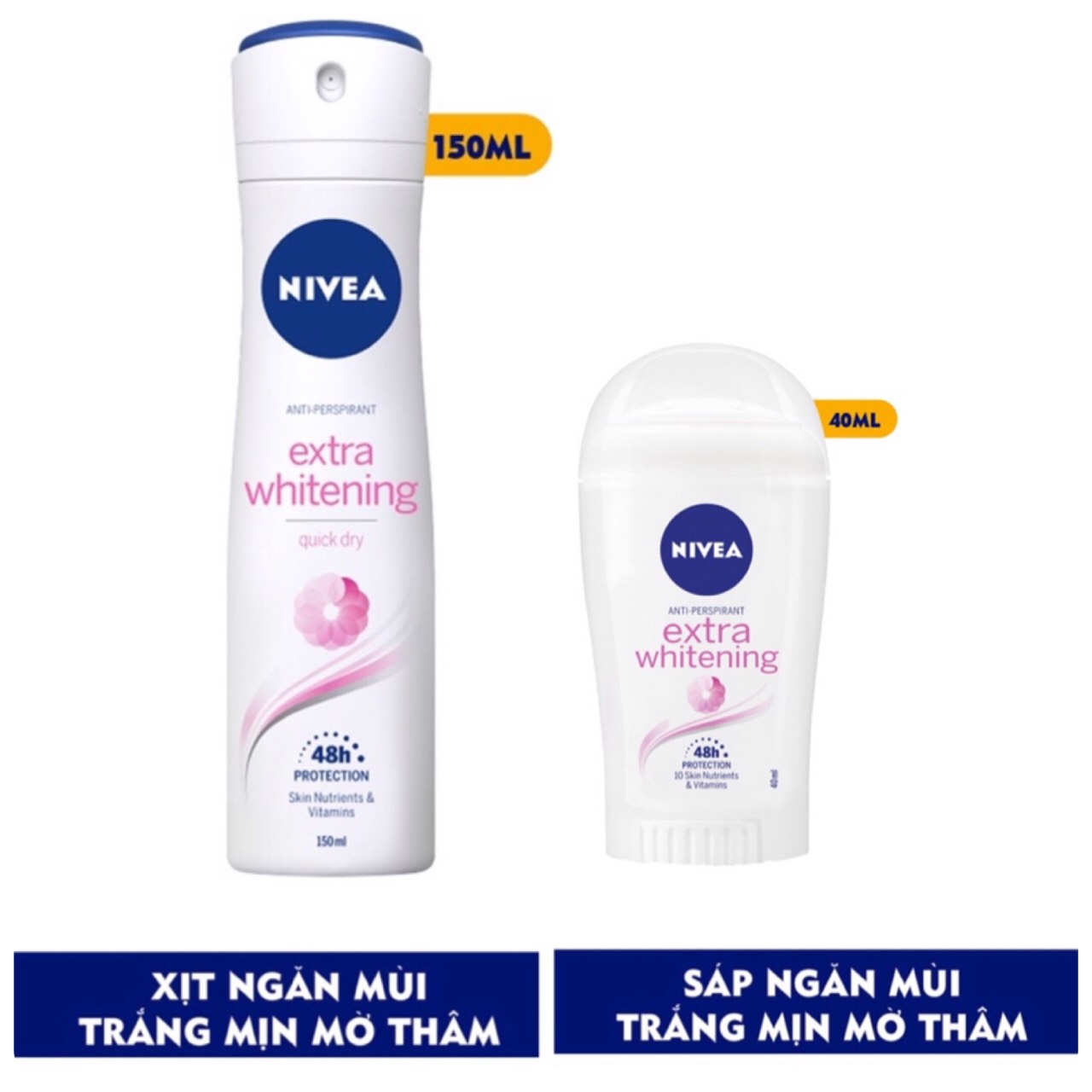 Bộ đôi Nivea Extra Whitening: Xịt 150ml và sáp 40ml ngăn mùi trắng mịn mờ vết thâm