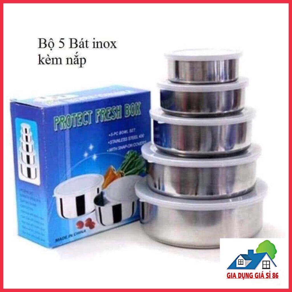 Bộ 5 bát innox Cao Cấp có nắp đậy tiện lợi chống rỉ-có nắp hút chân không
