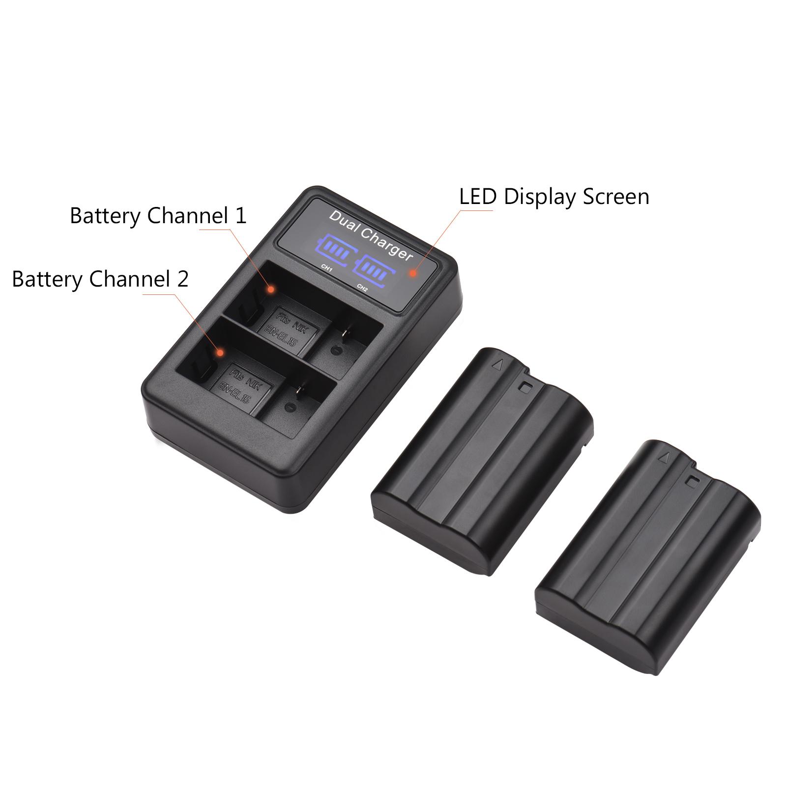 EN-EL15 Battery & Charger Kit 2pcs 7.4V 2550mAh Battery + 1pc Dual Channel Battery Charger LED Screen Display for Nikon