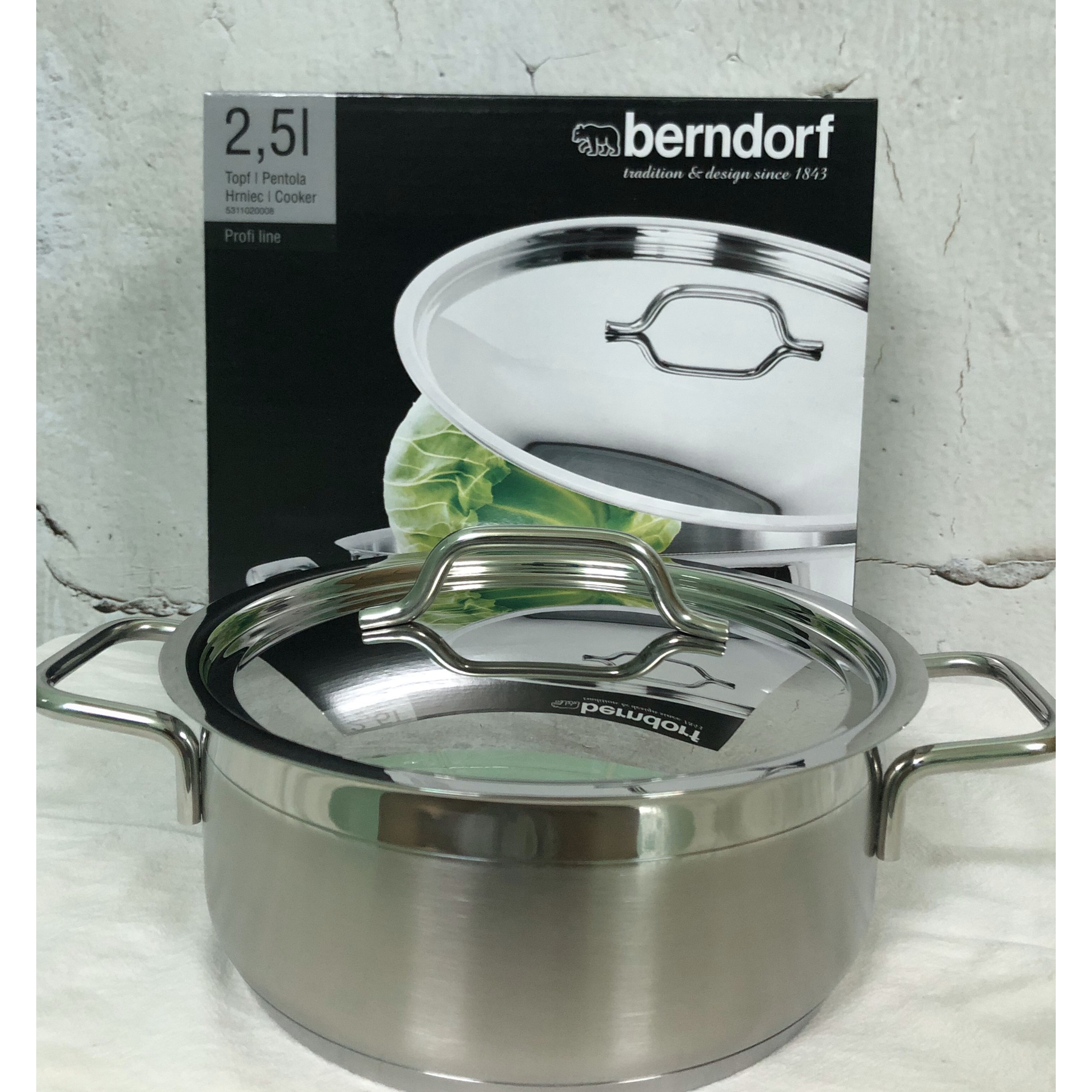 Soong Nồi Inox 304 Cao Cấp Đáy từ 3 Lớp Thân Cao 2 Lớp Nắp Inox 20x8cm 2.5 Lít Berndorf Sandrik - Stainless Steel Casserole with Lid