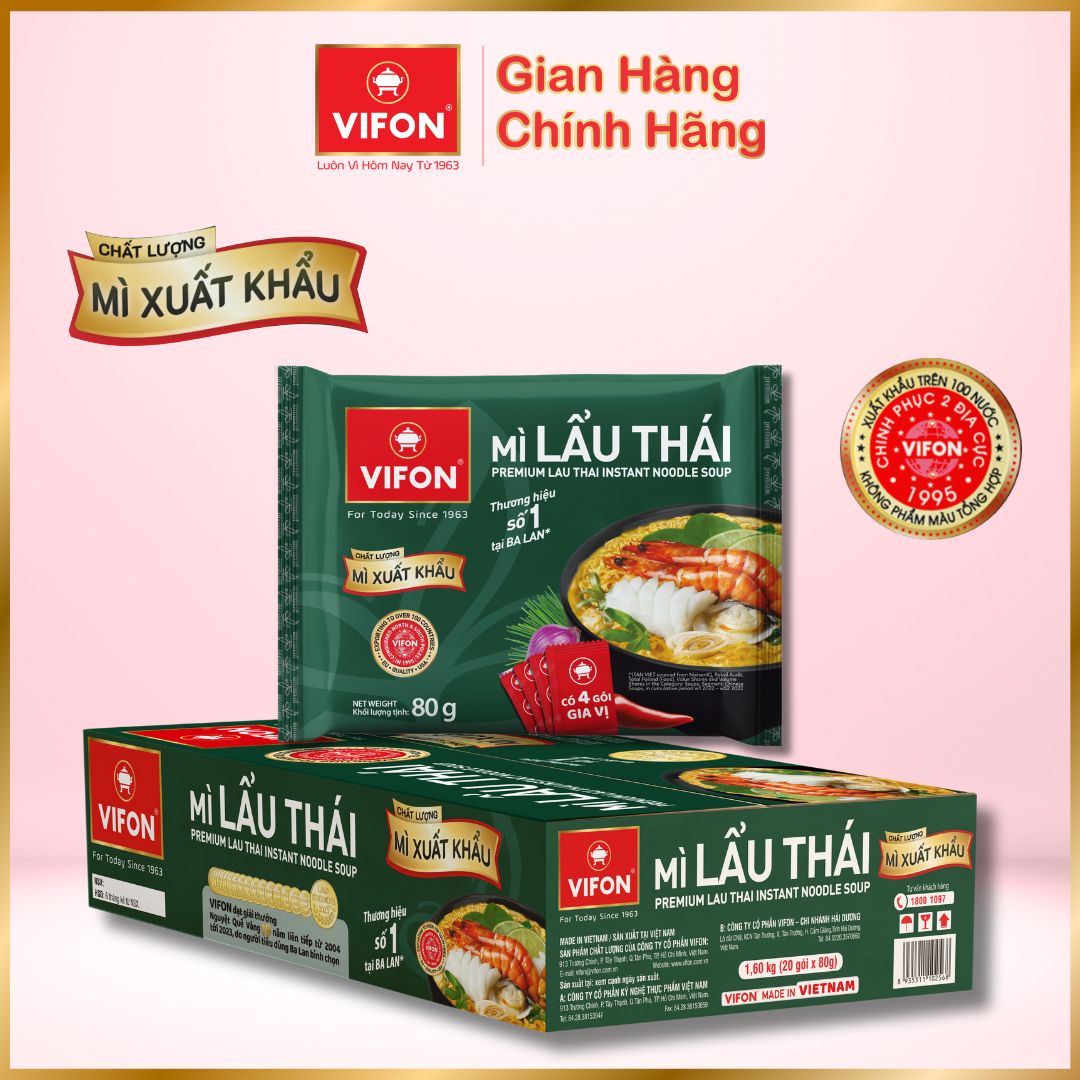 Thùng 20 gói mì xuất khẩu Lẩu thái/ mì kim chi VIFON 80gr/gói