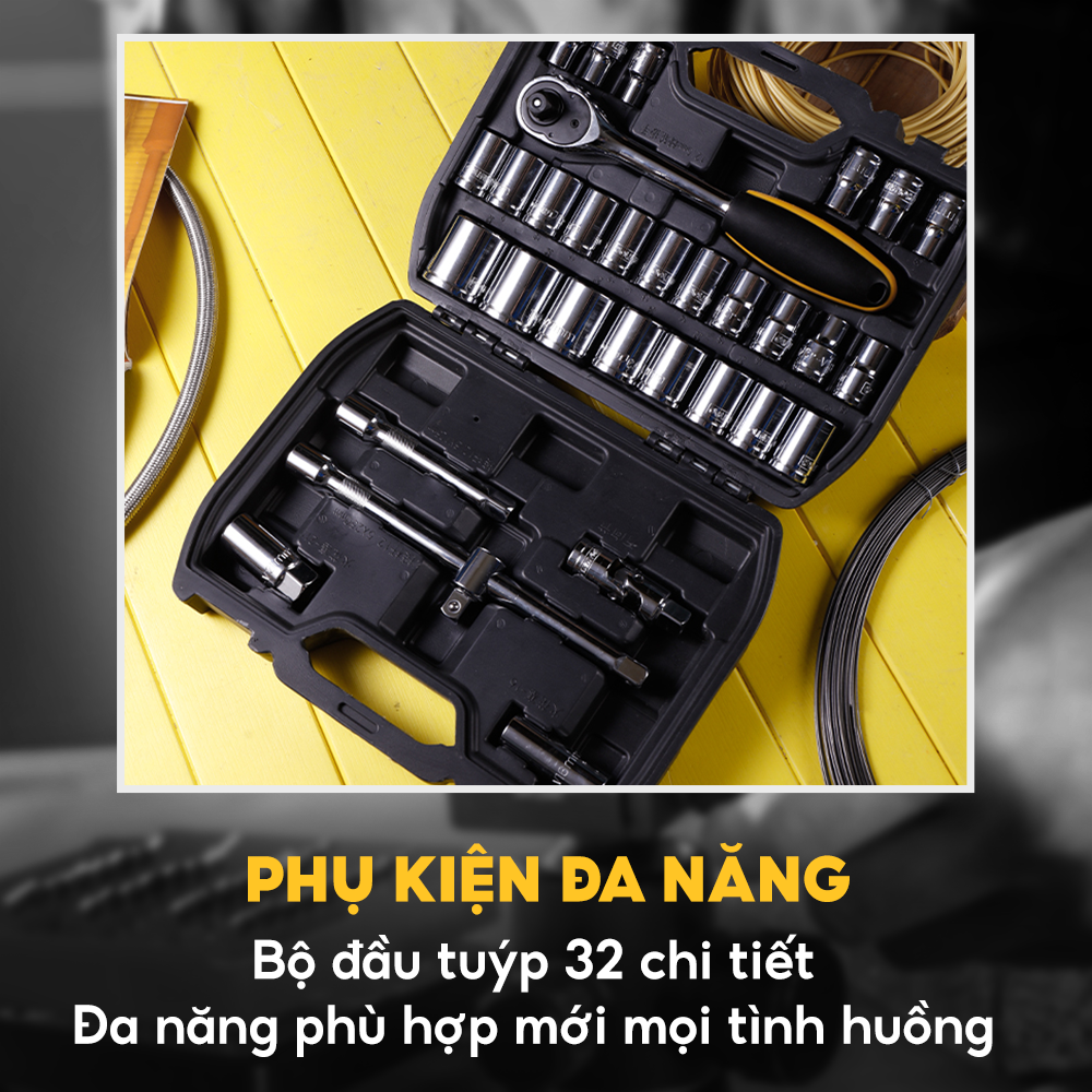 Bộ đầu tuýp 32 chi tiết bằng théo Cr-v 50BV30 cần tuýp 12.5mm Deli DL1032