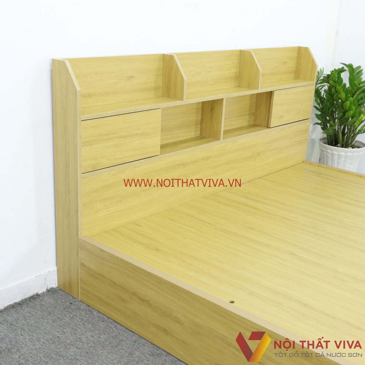 Giường Ngủ Gỗ Mdf Melamine Màu Vàng Có Kệ Trang Trí Đẹp Giá Rẻ