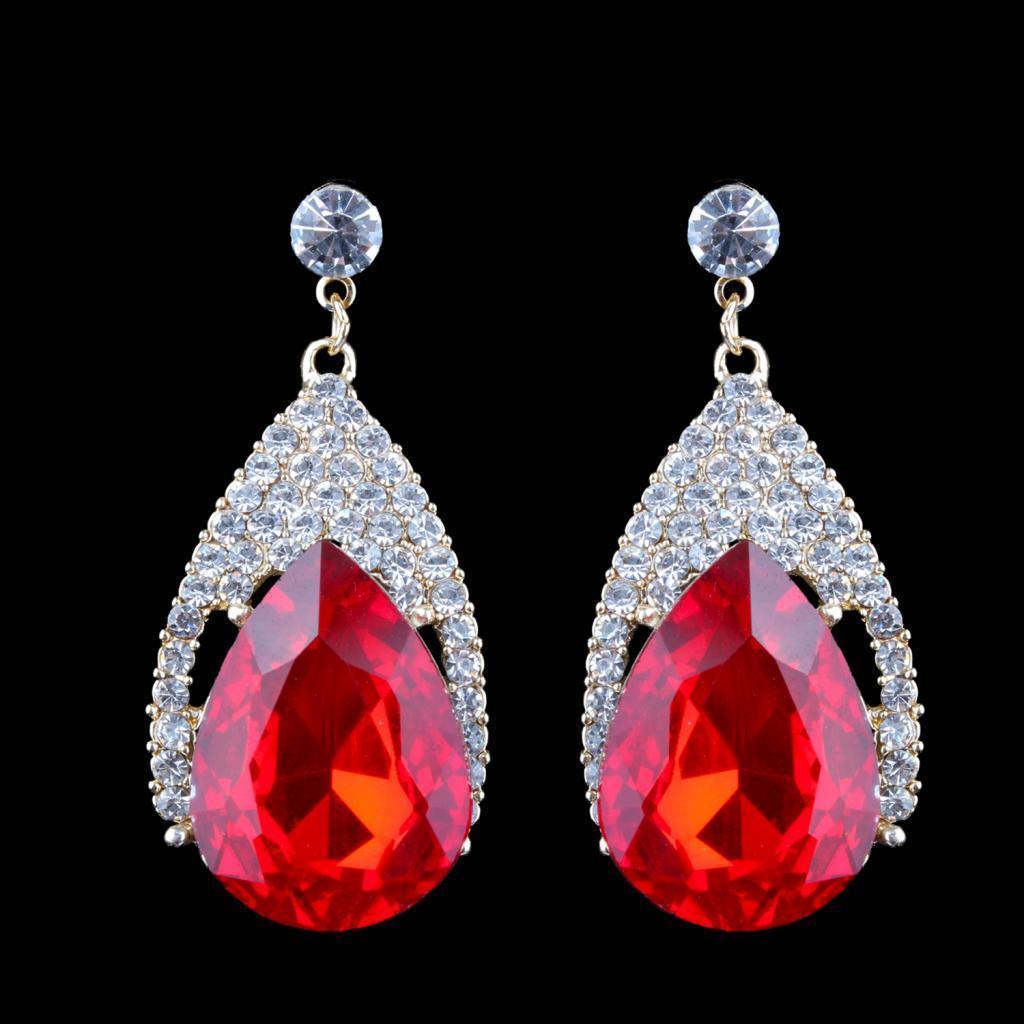 Vintage Glitter Rhinestone Diamante Teardrop Drop Dangle Earrings Red