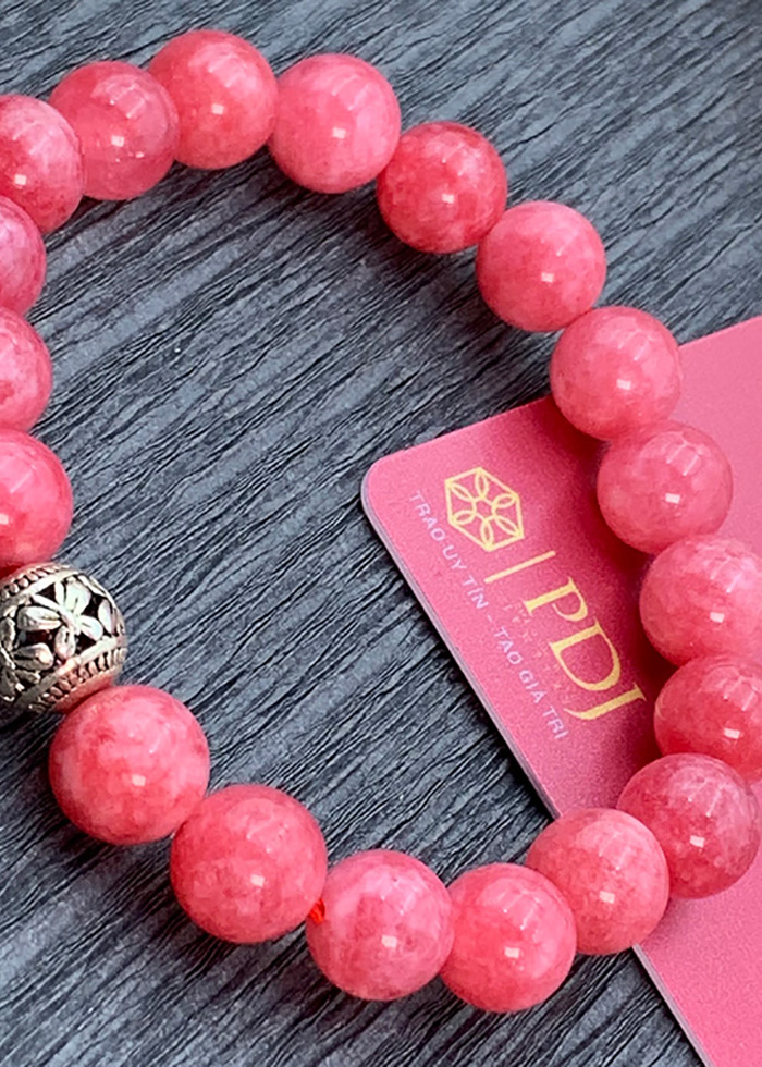 Vòng Đá Thạch Anh Hồng Vân 8 Ly Charm Bi Bạc Thái