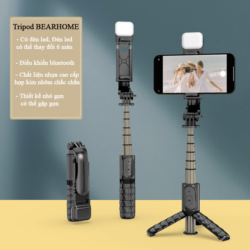 Gậy chụp ảnh tự sướng selfie bluetooth, Tripod 3 chân cho điện thoại có điều khiển từ xa, Có đèn led trợ sáng 6 màu