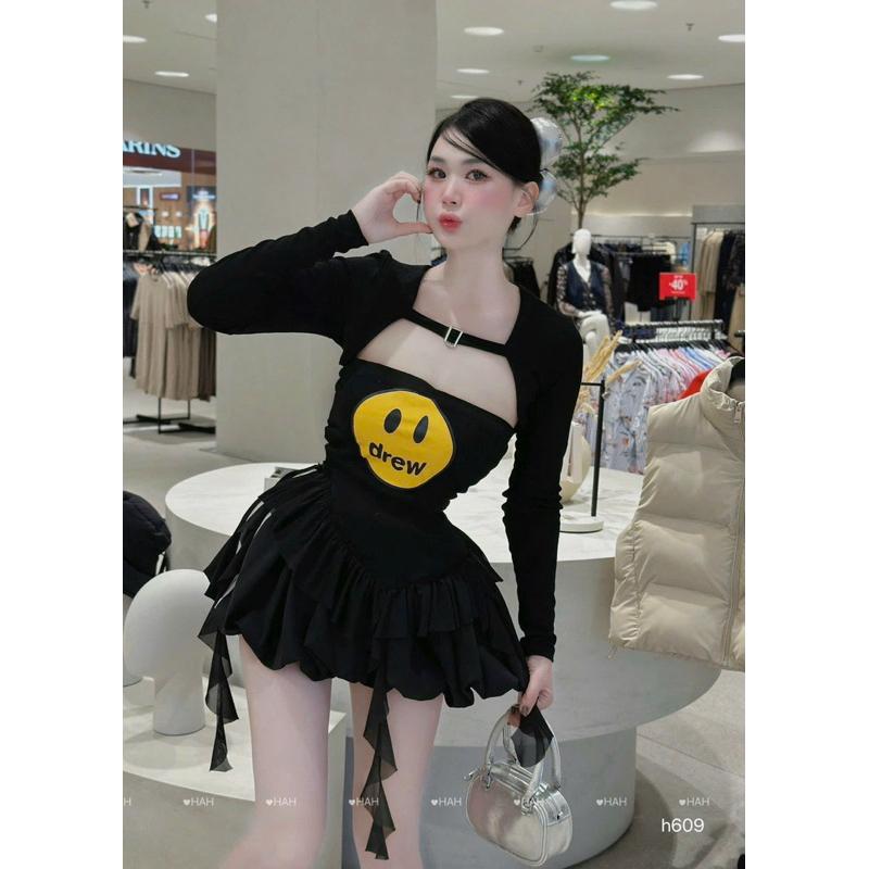 Set váy 3 món drew mặt cười xinh yêu BY JOLIE - Ghi, Ghi