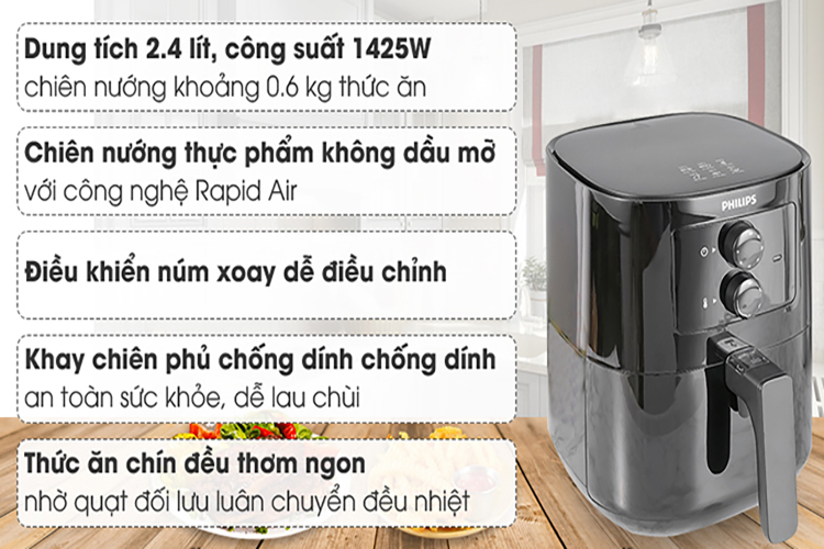 Nồi Chiên Không Dầu Philips HD9200/90 (4.1 Lít) - Hàng Chính Hãng