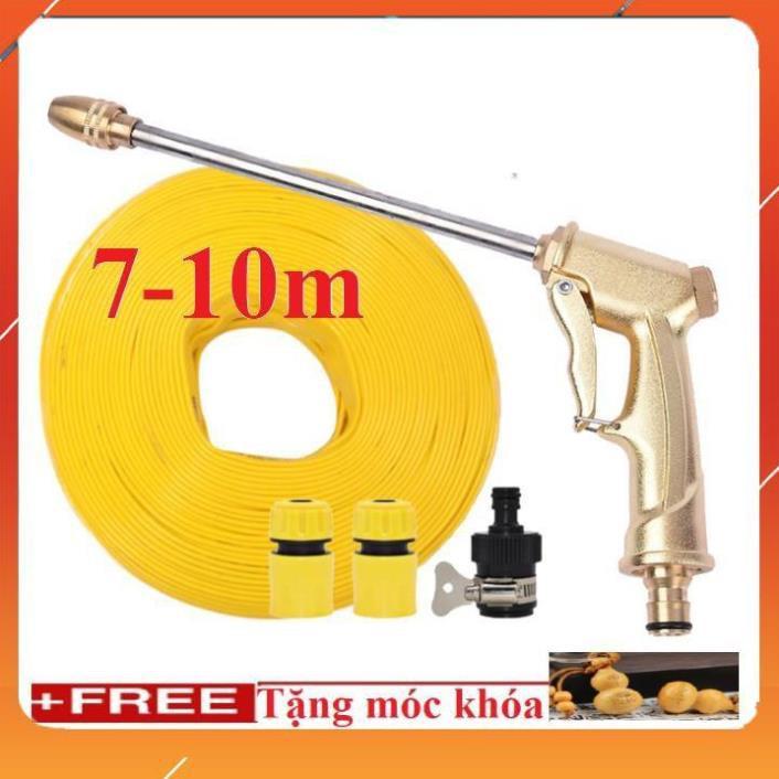 Bộ dây vòi xịt nước rửa xe, tưới cây , tăng áp 3 lần, loại 7m, 10m 206701-3 đầu đồng,cút,nối đen+ móc khoá