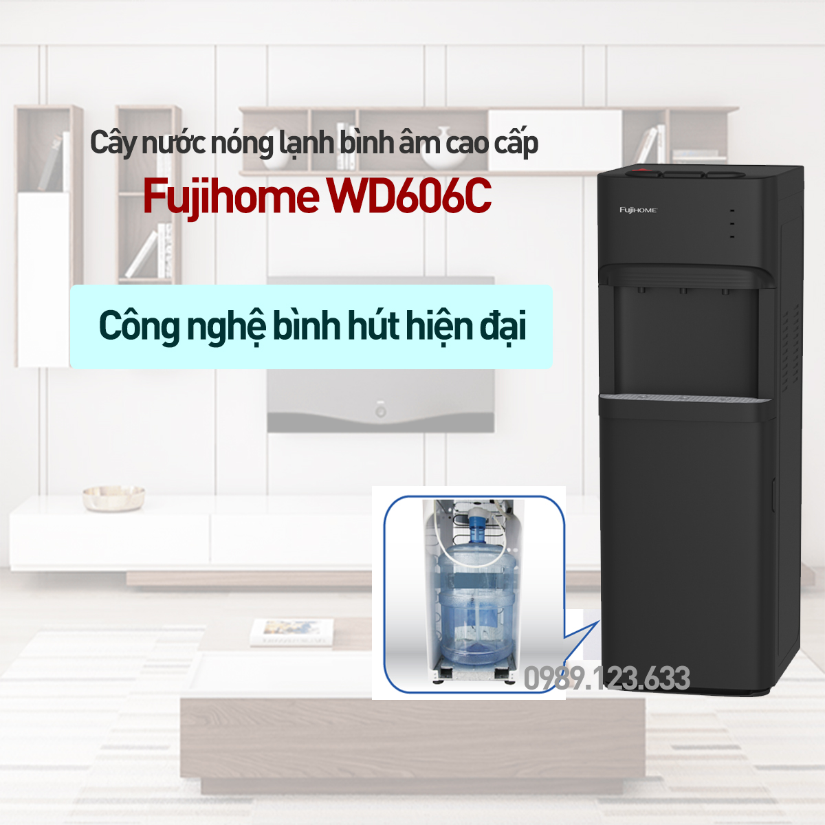 Cây nước nóng lạnh bình âm nhập khẩu Fujihome WD606C, máy nước nóng lạnh bình hút 3 vòi, khóa vòi nóng an toàn tự động ngắt tiết kiệm điện - Hàng chính hãng
