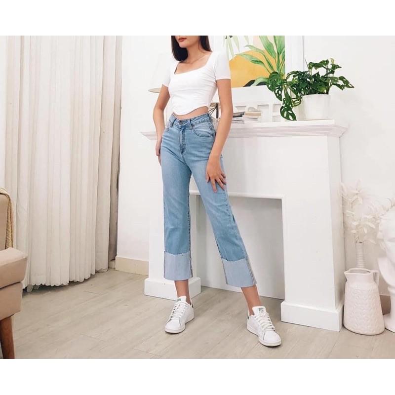 JEANS SUÔNG GẤP LAI BẢN TO LƯNG CAO