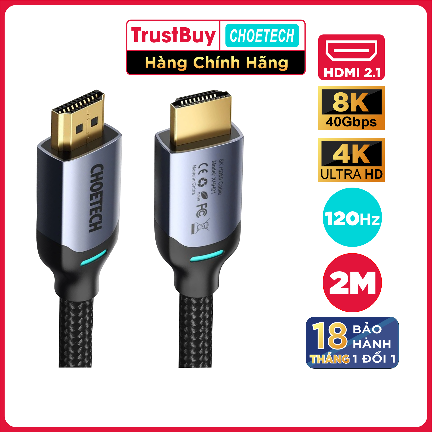 Dây Cáp Dù Lõi HDMI 2.1 8K 48Gbps, 4K 165Hz Dài 2M CHOETECH XHH01 Dùng Cho Tivi/ Máy Tính/ Playstation - Hàng Chính Hãng