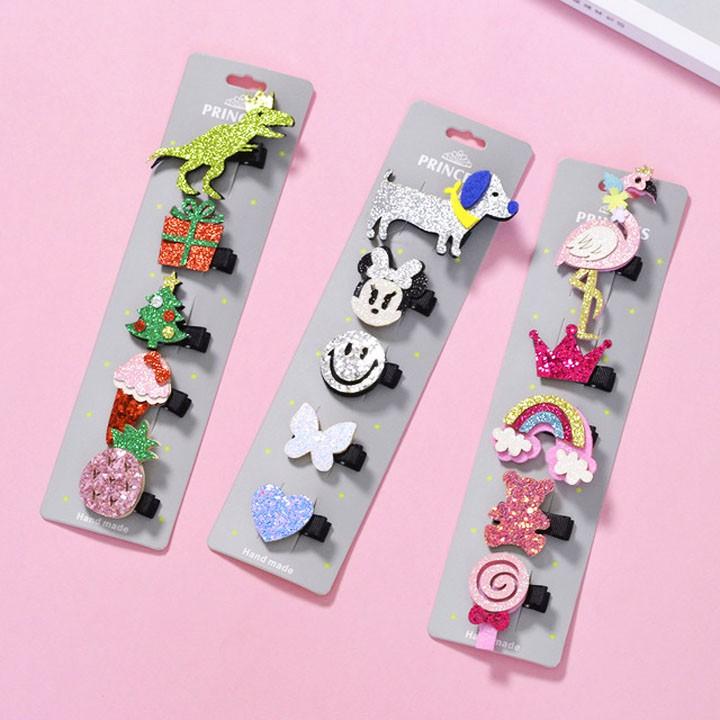 Set 5 kẹp tóc handmade cho bé gái nhiều họa tiết lấp lánh – P080