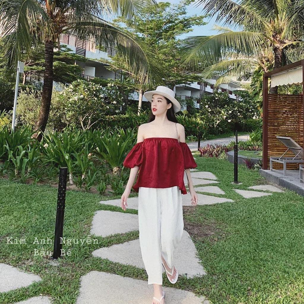 Áo tay phồng trễ vai bánh bèo hở lưng thun dáng ngắn bo chun tiểu thư nữ HOT