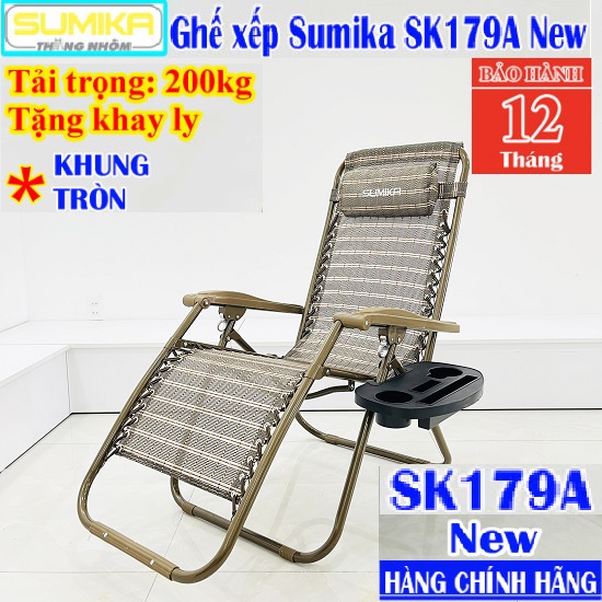 Ghế xếp thư giãn SUMIKA 179A NEW - Màu vàng đồng-khóa kim loại Bền Bỉ-khung thép Sơn Tĩnh ĐIện Chống Trầy Xước Rỉ Sét - Tải 200kg - Tặng khay + Gối. Luôn Có Phụ Kiện Thay Thế