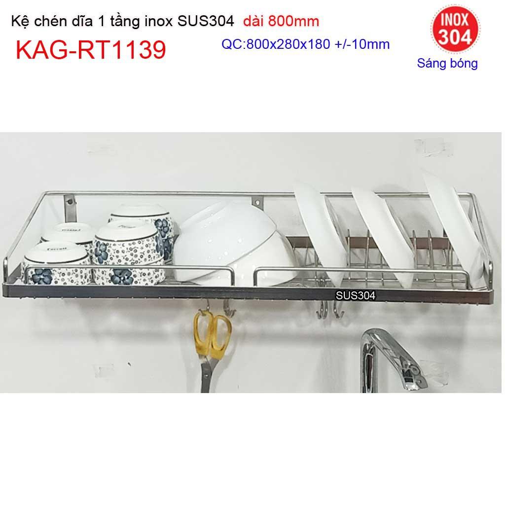 Kệ đựng chén bát inox SUS304, kệ úp chén bát 1 tầng inox dài 80cm KAG-RT1139
