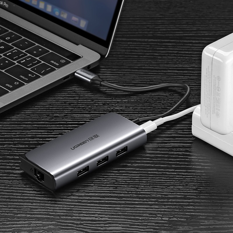 50252 Hub chuyển đổi USB TypeC sang 3 USB 3.0 + LAN gigabit Ugreen (4in1) Full VAT - hàng chính hãng